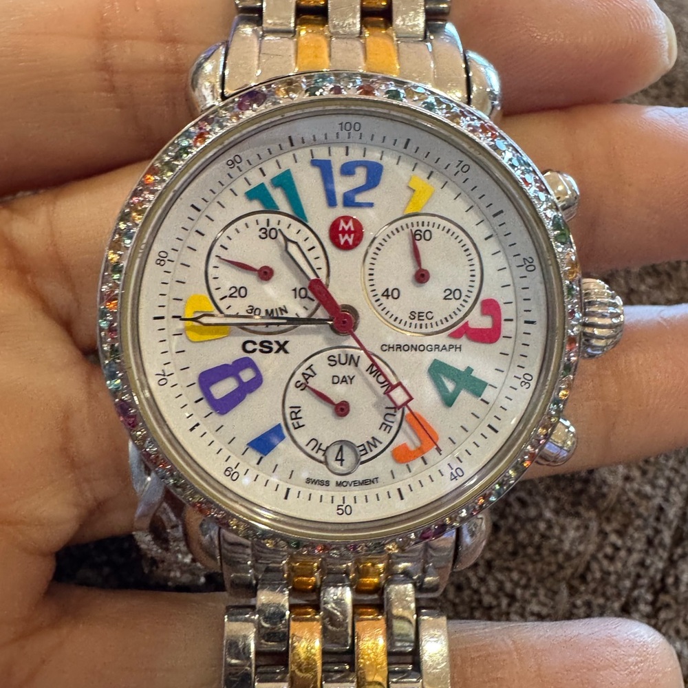Michele CSX Chronograph Watch Multicolor Gemstone Bezel 1.50 CT Swiss Two-Tone - Picture 11 of 16